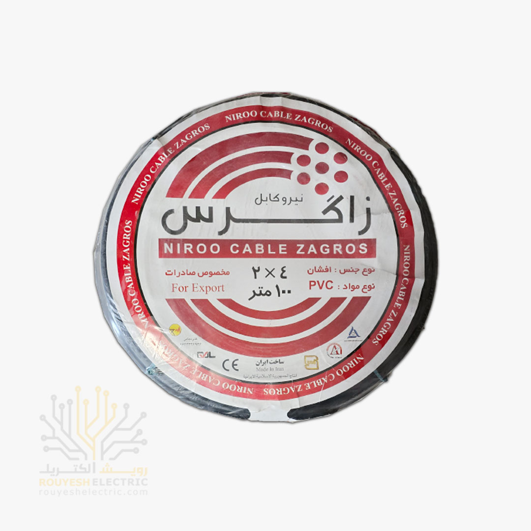 کابل برق نمره 2x4 برند نیرو کابل زاگرس استاندارد حلقه 100 متری