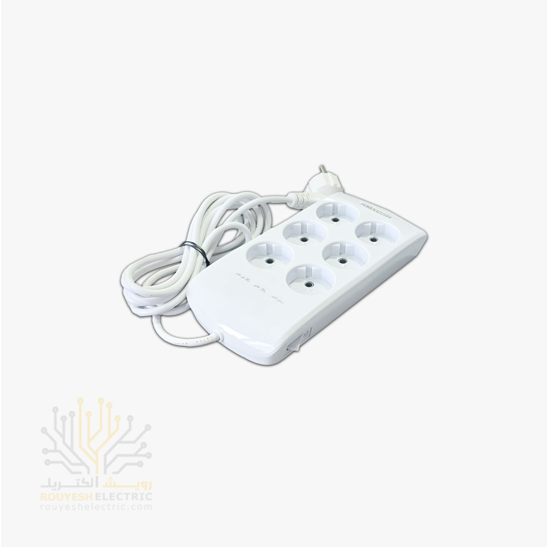 محافظ برق کامپیوتر برند فروزش مدل LT600 لوتوس 6 خانه آنالوگ بدنه سفید 2/8 متری